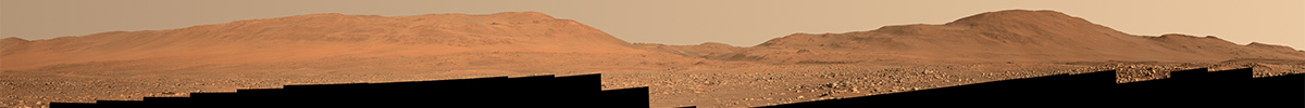 Composed of 53 images, this mosaic looks west toward the rim of Mars’ Jezero Crater on July 8, 2023, the 847th Martian day, or sol, of NASA’s Perseverance rover mission.
