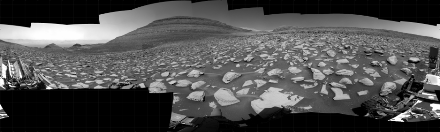 NASA's Mars rover Curiosity took 31 images in Gale Crater using its mast-mounted Right Navigation Camera (Navcam) to create this mosaic. The seam-corrected mosaic provides a 360-degree cylindrical projection panorama of the Martian surface centered at 120 degrees azimuth (measured clockwise from north). Curiosity took the images on September 18, 2023, Sol 3951 of the Mars Science Laboratory mission at drive 856, site number 104. The local mean solar time for the image exposures was 12 PM. Each Navcam image has a 45 degree field of view. CREDIT: NASA/JPL-Caltech