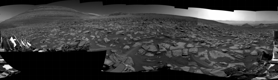 NASA's Mars rover Curiosity took 31 images in Gale Crater using its mast-mounted Right Navigation Camera (Navcam) to create this mosaic. The seam-corrected mosaic provides a 360-degree cylindrical projection panorama of the Martian surface centered at 202 degrees azimuth (measured clockwise from north). Curiosity took the images on October 04, 2023, Sol 3967 of the Mars Science Laboratory mission at drive 250, site number 105. The local mean solar time for the image exposures was 2 PM. Each Navcam image has a 45 degree field of view. CREDIT: NASA/JPL-Caltech