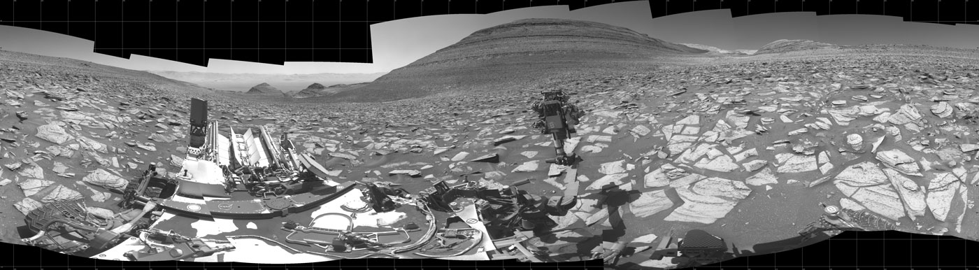 NASA’s Curiosity Mars rover captured this 360-degree panorama using its black-and-white navigation cameras, or Navcams, at a location where it collected a sample from a rock nicknamed “Sequoia.” The panorama was captured on Oct. 21 and 26, 2023.
