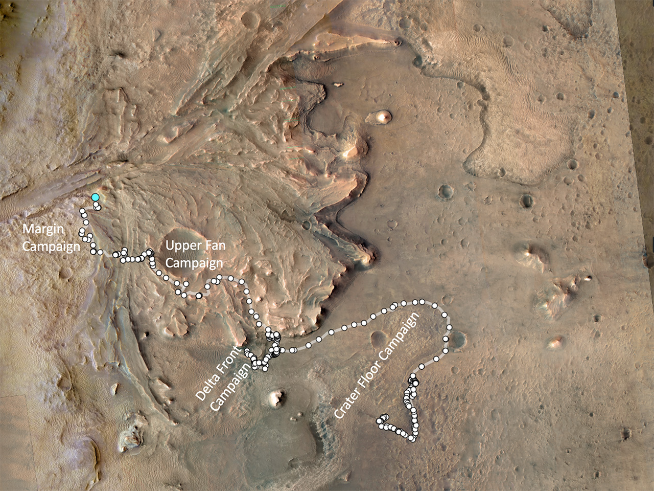 The path taken by NASA’s Perseverance Mars rover during the first 1,000 sols (Martian days) of its mission at Jezero Crater is annotated on this overhead view taken by the HiRISE camera aboard the agency’s Mars Reconnaissance Orbiter.
