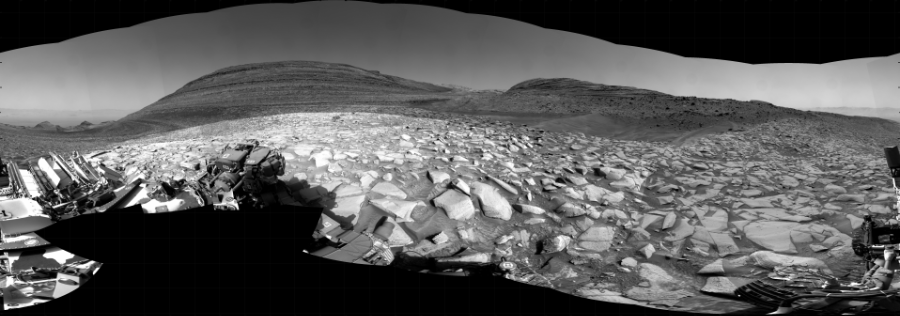 NASA's Mars rover Curiosity took 46 images in Gale Crater using its mast-mounted Right Navigation Camera (Navcam) to create this mosaic. The seam-corrected mosaic provides a 360-degree cylindrical projection panorama of the Martian surface centered at 142 degrees azimuth (measured clockwise from north). Curiosity took the images on February 03, 2024, Sols 4086-4084 of the Mars Science Laboratory mission at drive 3002, site number 105. The local mean solar time for the image exposures was from 4 PM to 12 PM. Each Navcam image has a 45 degree field of view. CREDIT: NASA/JPL-Caltech