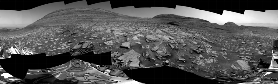 NASA's Mars rover Curiosity took 39 images in Gale Crater using its mast-mounted Right Navigation Camera (Navcam) to create this mosaic. The seam-corrected mosaic provides a 360-degree cylindrical projection panorama of the Martian surface centered at 150 degrees azimuth (measured clockwise from north). Curiosity took the images on February 29, 2024, Sols 4111-4102 of the Mars Science Laboratory mission at drive 660, site number 106. The local mean solar time for the image exposures was from 1 PM to 12 PM. Each Navcam image has a 45 degree field of view. CREDIT: NASA/JPL-Caltech