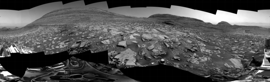 NASA's Mars rover Curiosity took 41 images in Gale Crater using its mast-mounted Right Navigation Camera (Navcam) to create this mosaic. The seam-corrected mosaic provides a 360-degree cylindrical projection panorama of the Martian surface centered at 150 degrees azimuth (measured clockwise from north). Curiosity took the images on March 03, 2024, Sols 4114-4102 of the Mars Science Laboratory mission at drive 660, site number 106. The local mean solar time for the image exposures was from 1 PM to 5 PM. Each Navcam image has a 45 degree field of view. CREDIT: NASA/JPL-Caltech