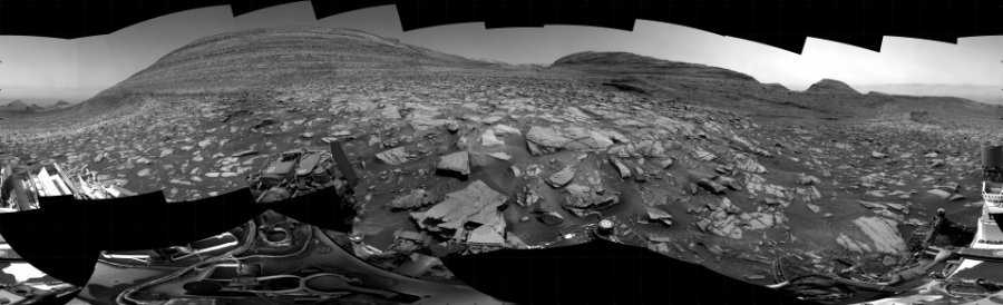 NASA's Mars rover Curiosity took 45 images in Gale Crater using its mast-mounted Right Navigation Camera (Navcam) to create this mosaic. The seam-corrected mosaic provides a 360-degree cylindrical projection panorama of the Martian surface centered at 150 degrees azimuth (measured clockwise from north). Curiosity took the images on March 05, 2024, Sols 4116-4102 of the Mars Science Laboratory mission at drive 660, site number 106. The local mean solar time for the image exposures was from 1 PM to 12 PM. Each Navcam image has a 45 degree field of view. CREDIT: NASA/JPL-Caltech