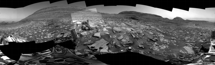 NASA's Mars rover Curiosity took 47 images in Gale Crater using its mast-mounted Right Navigation Camera (Navcam) to create this mosaic. The seam-corrected mosaic provides a 360-degree cylindrical projection panorama of the Martian surface centered at 150 degrees azimuth (measured clockwise from north). Curiosity took the images on March 06, 2024, Sols 4117-4102 of the Mars Science Laboratory mission at drive 660, site number 106. The local mean solar time for the image exposures was from 1 PM to 3 PM. Each Navcam image has a 45 degree field of view. CREDIT: NASA/JPL-Caltech