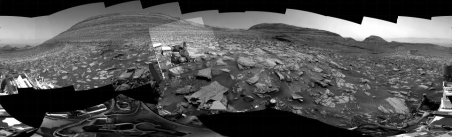NASA's Mars rover Curiosity took 49 images in Gale Crater using its mast-mounted Right Navigation Camera (Navcam) to create this mosaic. The seam-corrected mosaic provides a 360-degree cylindrical projection panorama of the Martian surface centered at 150 degrees azimuth (measured clockwise from north). Curiosity took the images on March 07, 2024, Sols 4118-4102 of the Mars Science Laboratory mission at drive 660, site number 106. The local mean solar time for the image exposures was from 1 PM to 12 PM. Each Navcam image has a 45 degree field of view. CREDIT: NASA/JPL-Caltech