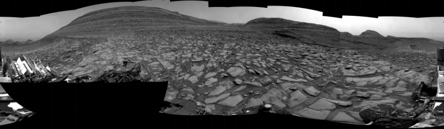 NASA's Mars rover Curiosity took 31 images in Gale Crater using its mast-mounted Right Navigation Camera (Navcam) to create this mosaic. The seam-corrected mosaic provides a 360-degree cylindrical projection panorama of the Martian surface centered at 148 degrees azimuth (measured clockwise from north). Curiosity took the images on March 18, 2024, Sol 4128 of the Mars Science Laboratory mission at drive 708, site number 106. The local mean solar time for the image exposures was 1 PM. Each Navcam image has a 45 degree field of view. CREDIT: NASA/JPL-Caltech