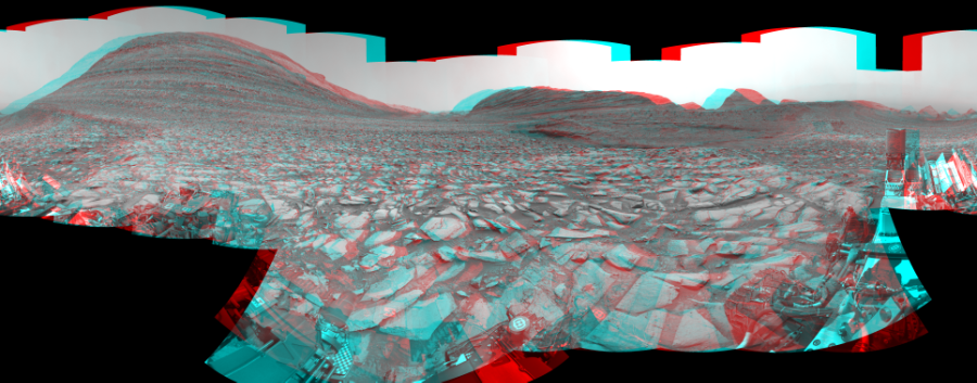 NASA's Mars rover Curiosity took 30 image pairs in Gale Crater using its mast-mounted Navigation Camera (Navcam) to create this mosaic. The seam-corrected mosaic provides a 360-degree cylindrical perspective projection panorama of the Martian surface suitable for stereo viewing, centered at 33 degrees azimuth (measured clockwise from north). This anaglyph must be viewed with red/blue glasses (red over left eye). Curiosity took the images on March 18, 2024, Sol 4128 of the Mars Science Laboratory mission at drive 708, site number 106. The local mean solar time for the image exposures was 1 PM. Each Navcam image has a 45-degree field of view. CREDIT: NASA/JPL-Caltech