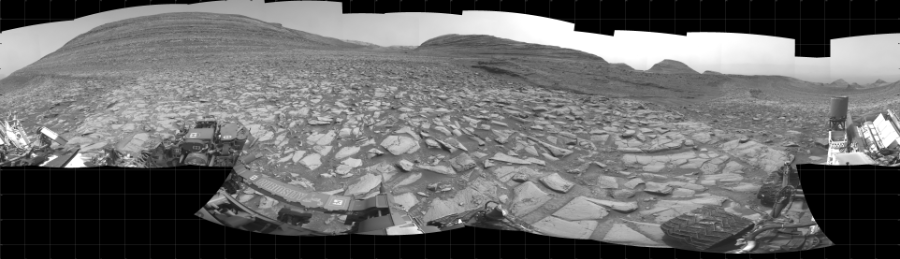 NASA's Mars rover Curiosity took 30 images in Gale Crater using its mast-mounted Left Navigation Camera (Navcam) to create this mosaic. The seam-corrected mosaic provides a 360-degree cylindrical projection panorama of the Martian surface centered at 180 degrees azimuth (measured clockwise from north). Curiosity took the images on March 18, 2024, Sol 4128 of the Mars Science Laboratory mission at drive 708, site number 106. The local mean solar time for the image exposures was 1 PM. Each Navcam image has a 45 degree field of view. CREDIT: NASA/JPL-Caltech