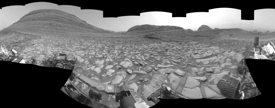NASA's Mars rover Curiosity took 30 images in Gale Crater using its mast-mounted Left Navigation Camera (Navcam) to create this mosaic. The seam-corrected mosaic provides a 360-degree cylindrical-perspective projection panorama of the Martian surface suitable for stereo viewing, centered at 33 degrees azimuth (measured clockwise from north). This single-eye view must be combined with the partner right image to be viewed in stereo. Curiosity took the images on March 18, 2024, Sol 4128 of the Mars Science Laboratory mission at drive 708, site number 106. The local mean solar time for the image exposures was 1 PM. Each Navcam image has a 45-degree field of view. CREDIT: NASA/JPL-Caltech