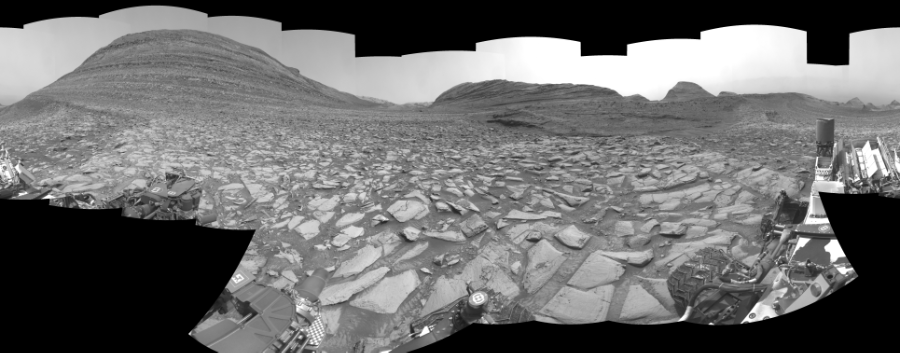 NASA's Mars rover Curiosity took 30 images in Gale Crater using its mast-mounted Right Navigation Camera (Navcam) to create this mosaic. The seam-corrected mosaic provides a 360-degree cylindrical-perspective projection panorama of the Martian surface suitable for stereo viewing, centered at 26 degrees azimuth (measured clockwise from north). This single-eye view must be combined with the partner left image to be viewed in stereo. Curiosity took the images on March 18, 2024, Sol 4128 of the Mars Science Laboratory mission at drive 708, site number 106. The local mean solar time for the image exposures was 1 PM. Each Navcam image has a 45-degree field of view. CREDIT: NASA/JPL-Caltech