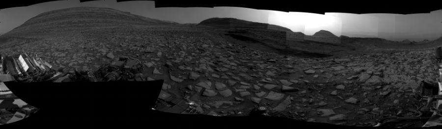 NASA's Mars rover Curiosity took 31 images in Gale Crater using its mast-mounted Right Navigation Camera (Navcam) to create this mosaic. The seam-corrected mosaic provides a 360-degree cylindrical projection panorama of the Martian surface centered at 185 degrees azimuth (measured clockwise from north). Curiosity took the images on March 20, 2024, Sol 4130 of the Mars Science Laboratory mission at drive 804, site number 106. The local mean solar time for the image exposures was from 2 PM to 3 PM. Each Navcam image has a 45 degree field of view. CREDIT: NASA/JPL-Caltech