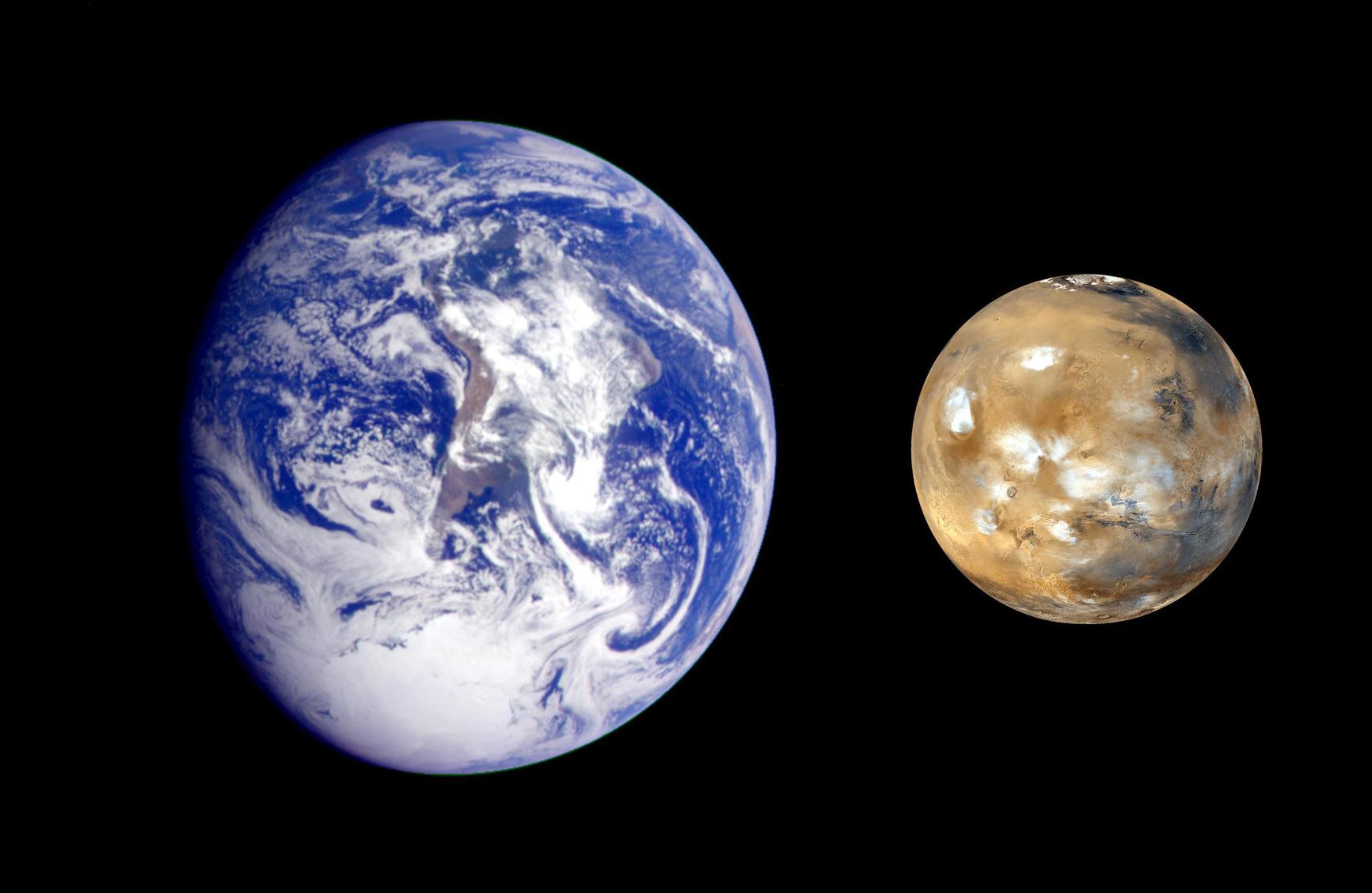 This composite image of Earth and Mars was created to allow viewers to gain a better understanding of the relative sizes of the two planets.