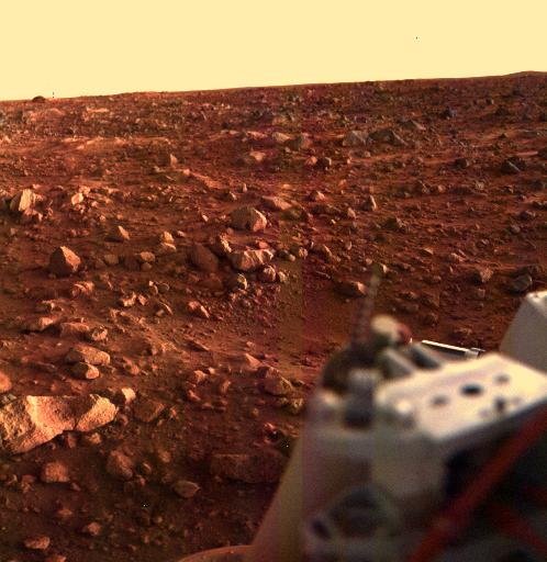 This color image of the Martian surface in the Chryse area was taken by Viking Lander 1, looking southwest, about 15 minutes before sunset on the evening of August 21.