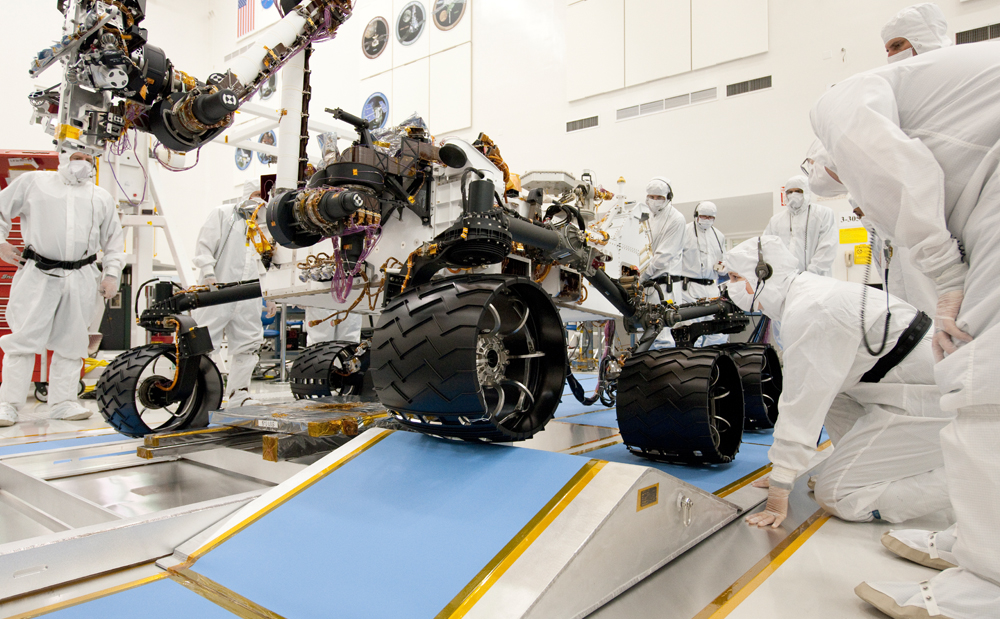 NASA's next Mars rover, Curiosity, drives up a ramp during a test at NASA's Jet Propulsion Laboratory, Pasadena, Calif., on Sept. 10, 2010.
