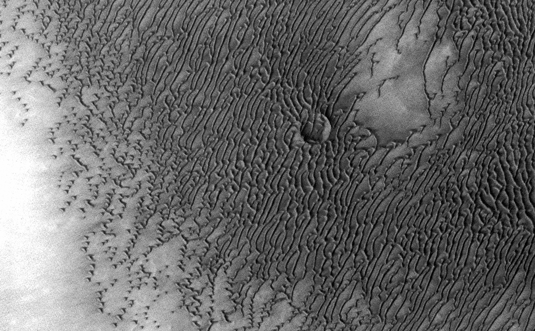 A vast dune field lies near the northern polar cap of Mars. Seen here in summer, the dunes have partially buried an impact crater about 1,000 meters (3,300 feet) wide.