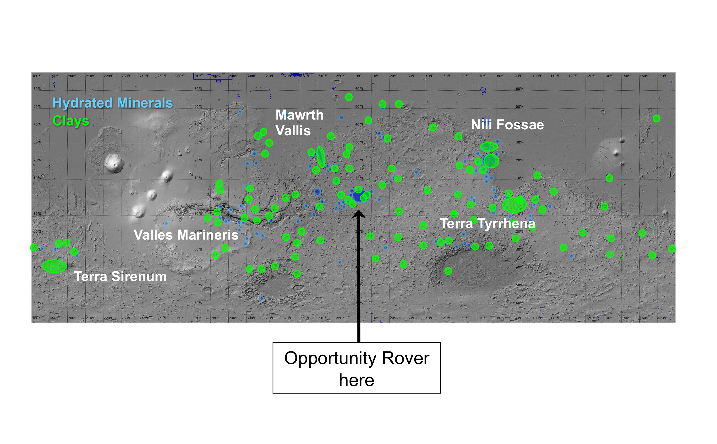 Regions of Mars with Clays and Hydrated Minerals Identified from Orbit