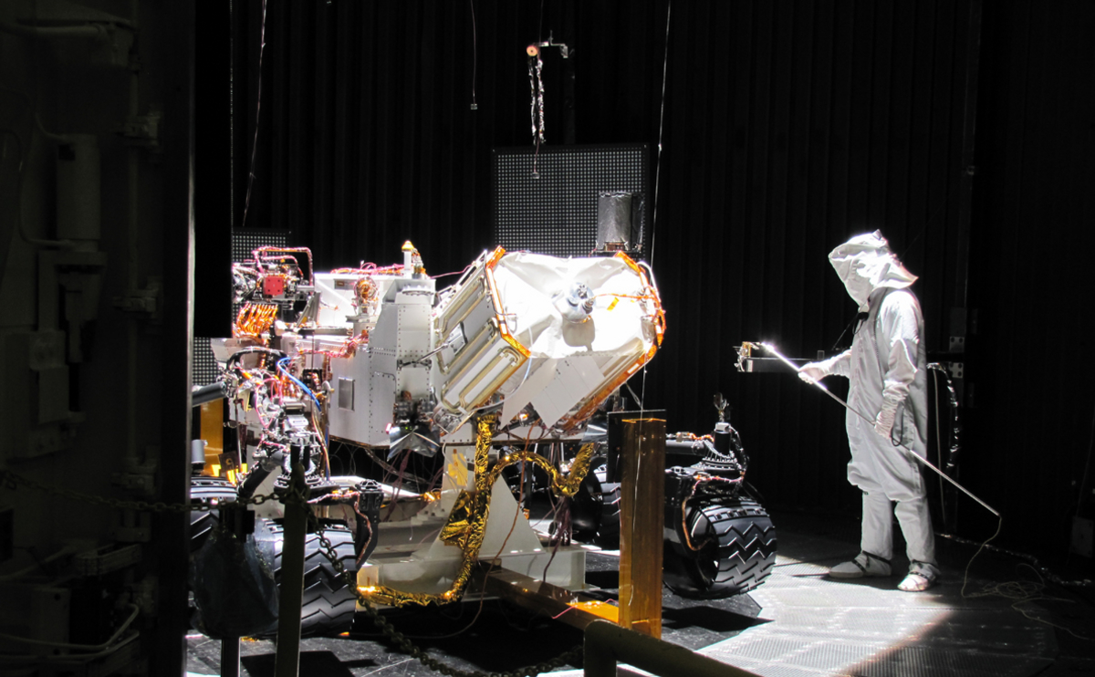 This image shows preparation for one phase of testing of the Mars Science Laboratory rover, Curiosity.