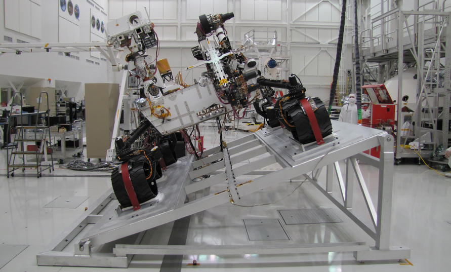 The Mast Camera (Mastcam) on NASA's Mars rover Curiosity has two rectangular "eyes" near the top of the rover's remote sensing mast. The mast is on the right side of the rover, which puts it on the left side of this image taken from in front of the rover.