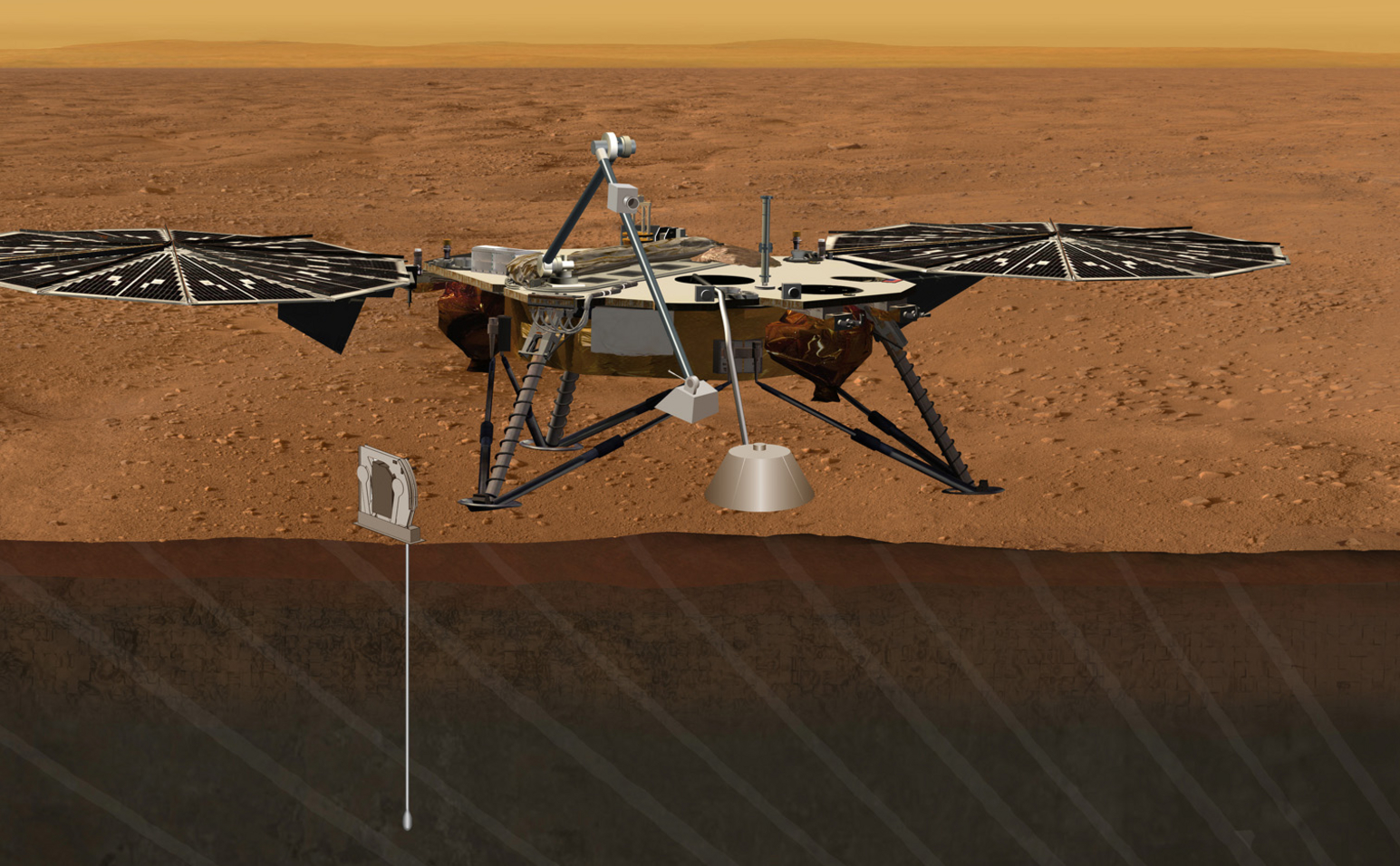 An artist's concept portrays the proposed Geophysical Monitoring Station mission for studying the deep interior of Mars.