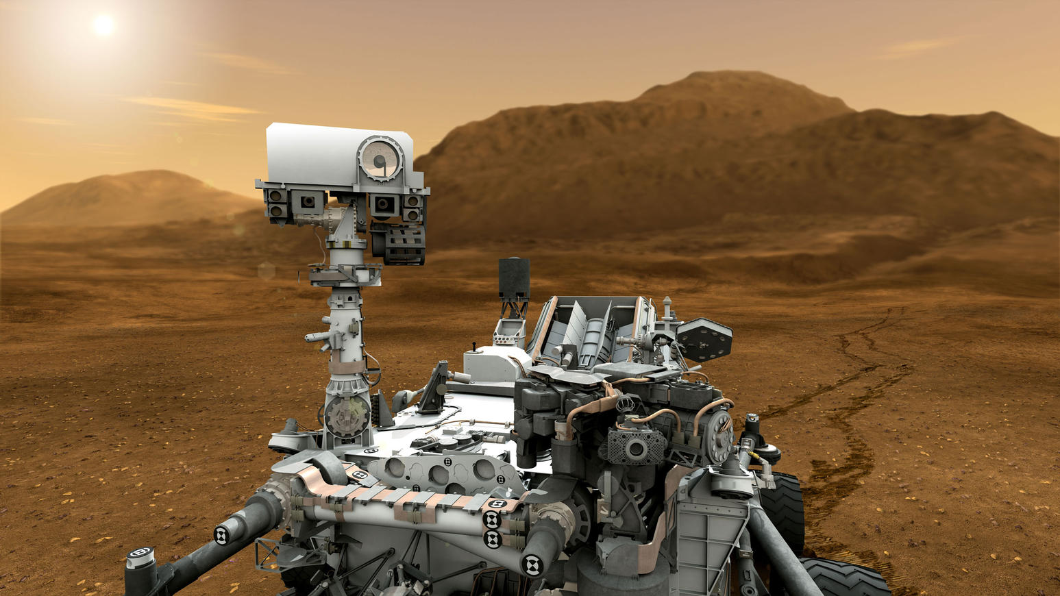 This artist concept features NASA's Mars Science Laboratory Curiosity rover,