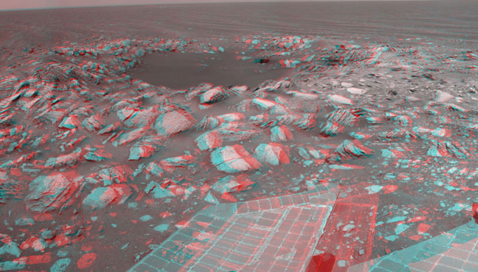 NASA's Mars Exploration Rover Opportunity used its navigation camera to take the exposures combined into this stereo view of a wee crater, informally named "Skylab," along the rover's route.