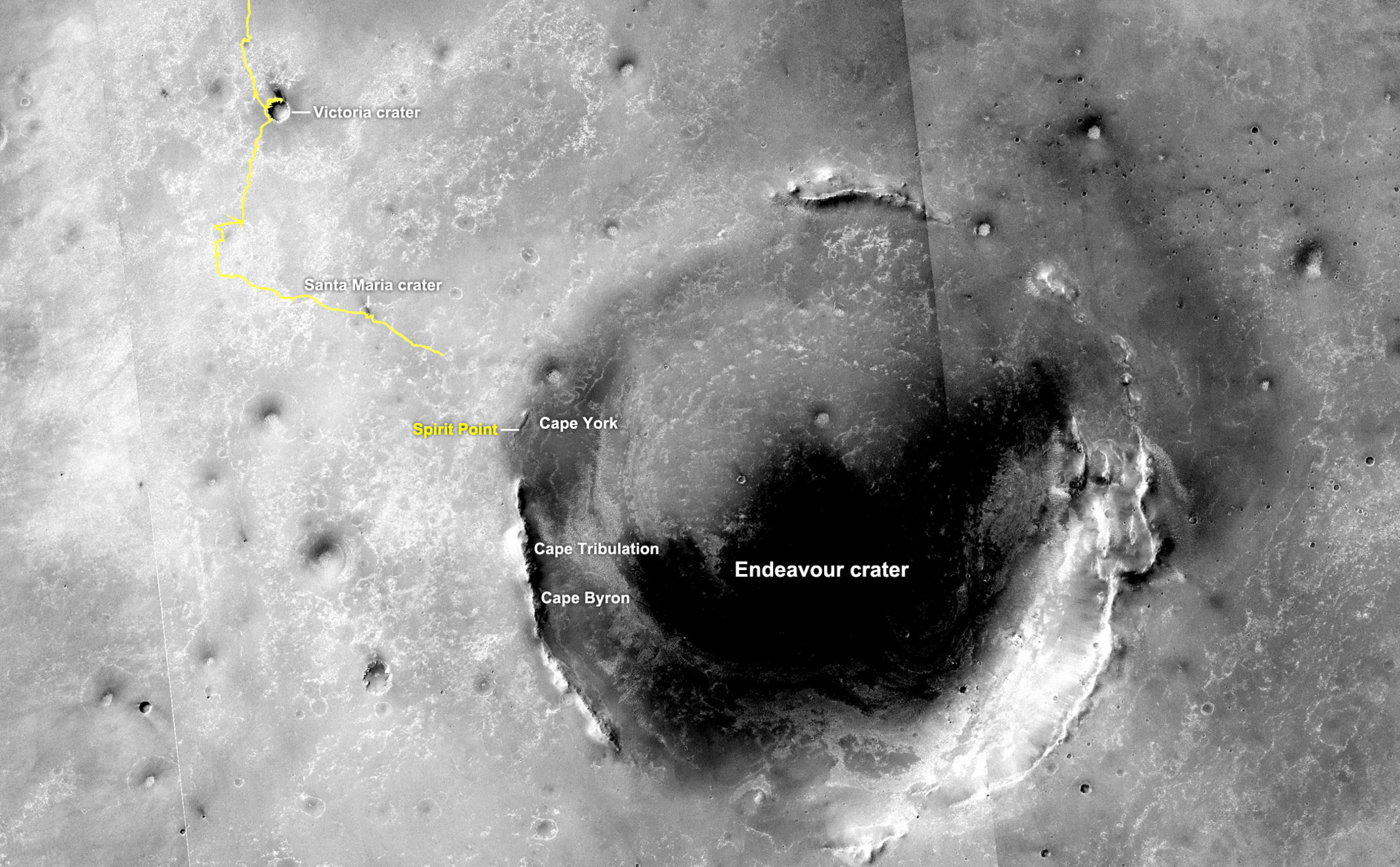 The yellow line on this map shows where NASA's Mars Rover Opportunity has driven from the place where it landed in January 2004 -- inside Eagle crater, at the upper left end of the track -- to a point about 2.2 miles (3.5 kilometers) away from reaching the rim of Endeavour crater.