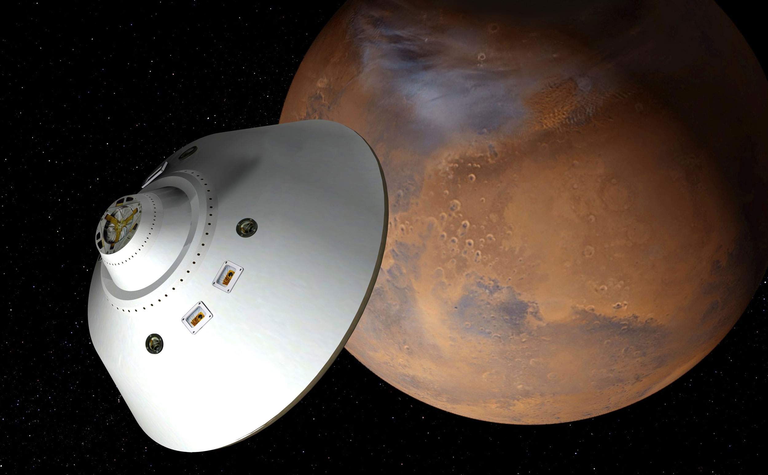This artist's concept of a proposed Mars sample return mission portrays an aeroshell-encased spacecraft approaching Mars.