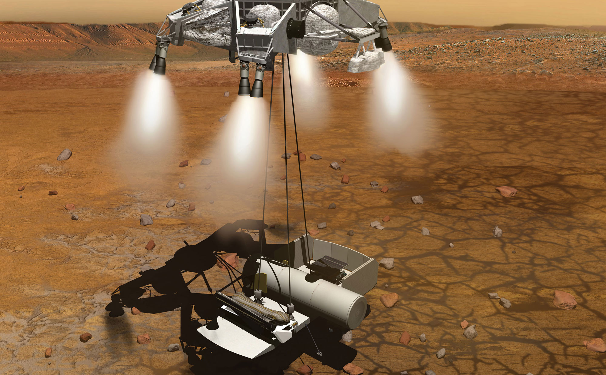 This artist's concept of a proposed Mars sample return mission portrays a rocket-powered descent stage lowering a sample-retrieving rover and an ascent vehicle to the surface.