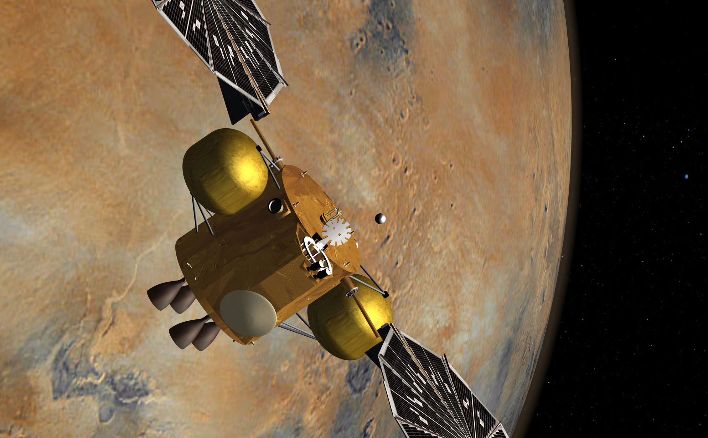 This artist's concept of a proposed Mars sample return mission portrays the capture of a collection of Martian samples by a spacecraft orbiting Mars.