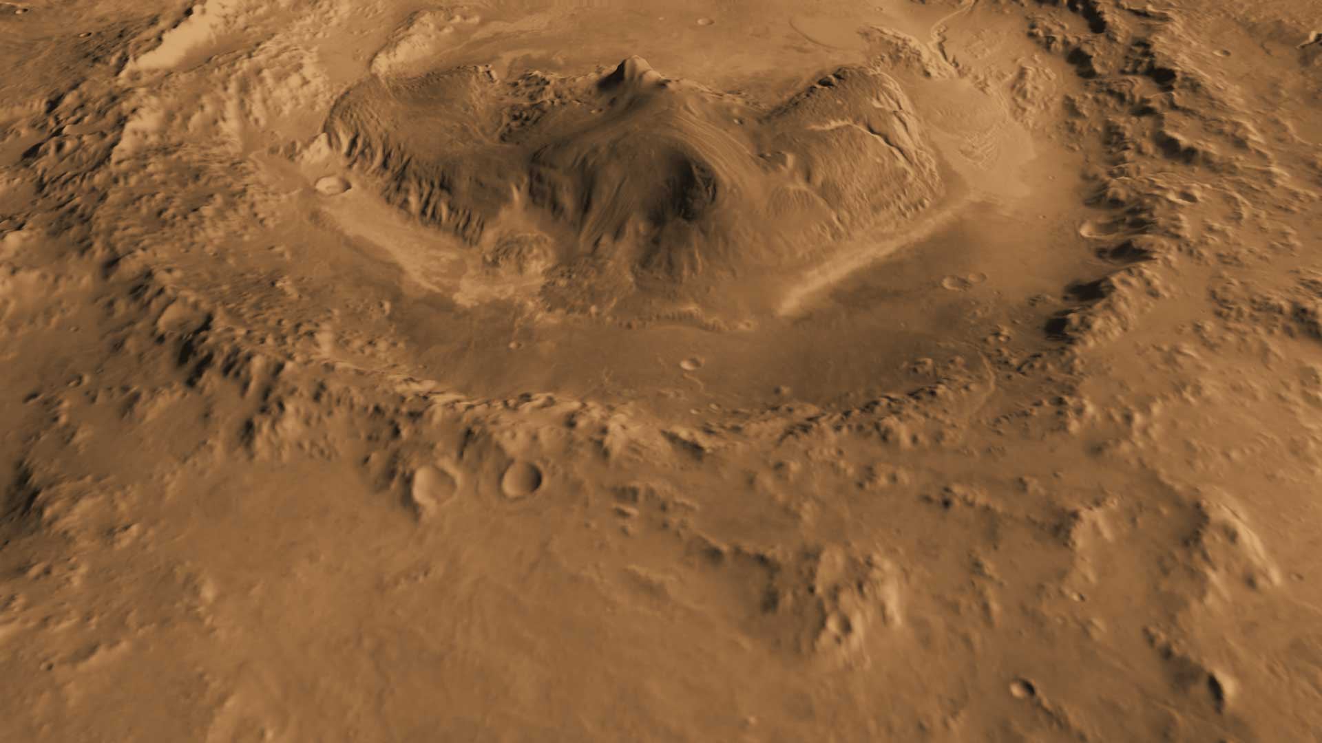 This computer-generated view based on multiple orbital observations shows Mars' Gale crater as if seen from an aircraft north of the crater.