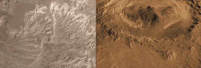 Areas within Eberswalde crater (left) and Gale crater (right) are the two finalists for the landing site of NASA's Mars Science Laboratory mission.