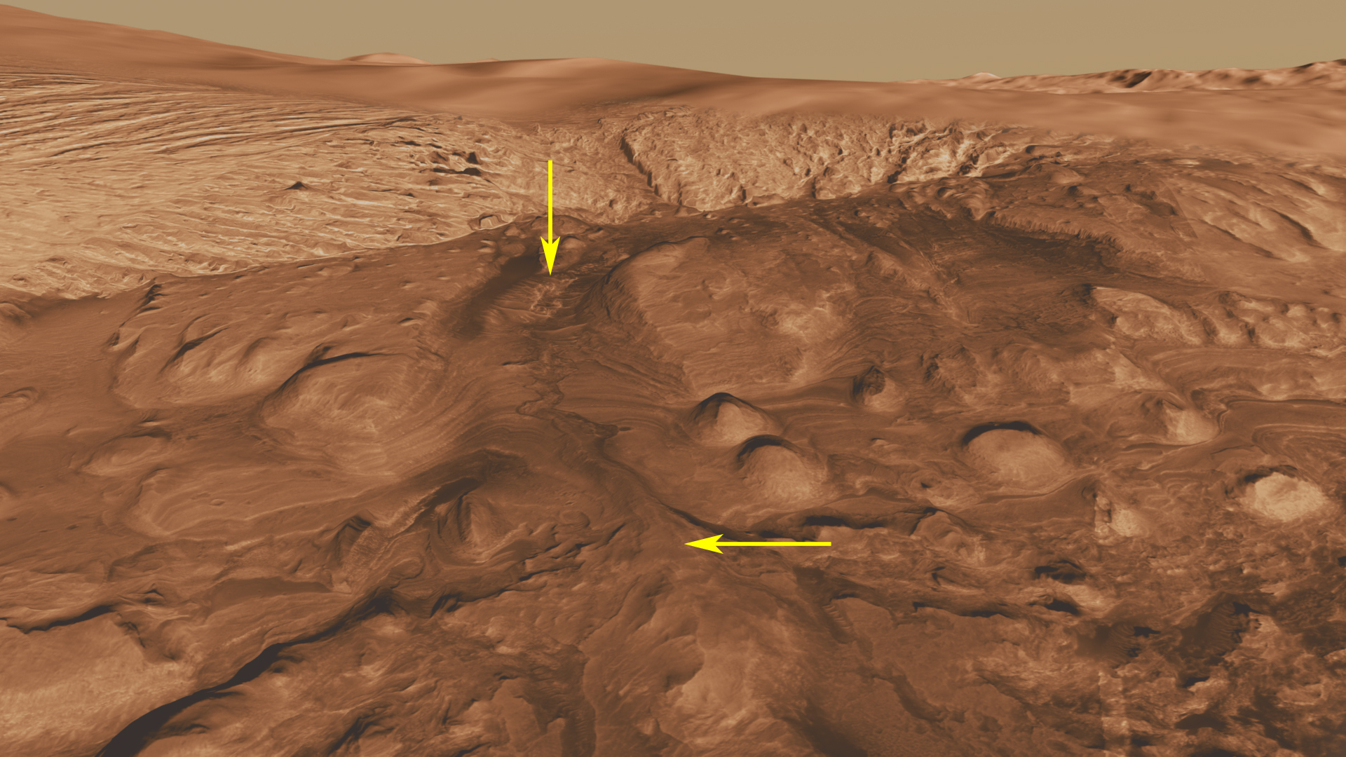 This oblique view of the mound in Gale Crater shows several different rock types of interest to the Mars Science Laboratory mission.