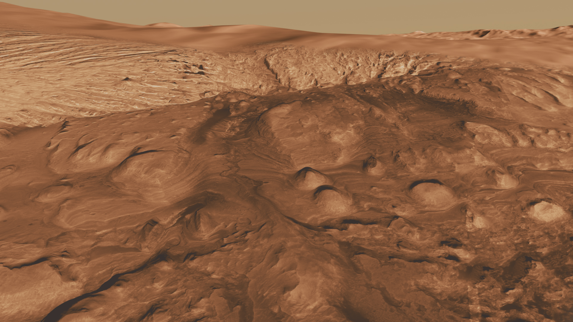 This oblique view of the mound in Gale crater shows several different rock types of interest to the Mars Science Laboratory mission.