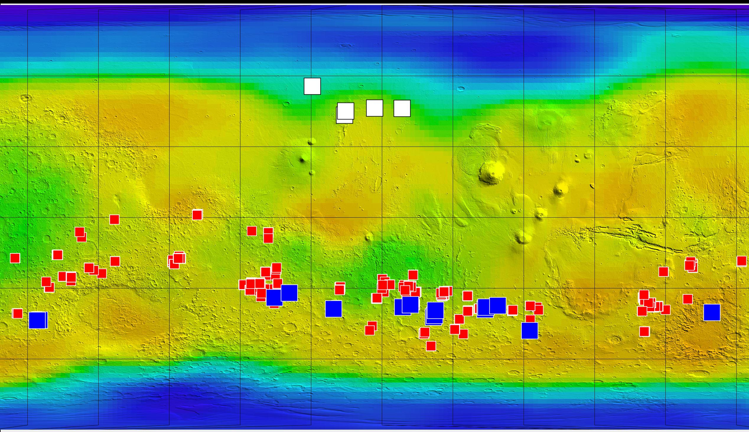 This map of Mars shows relative locations of three types of findings related to salt or frozen water, plus a new type of finding that may be related to both salt and water.