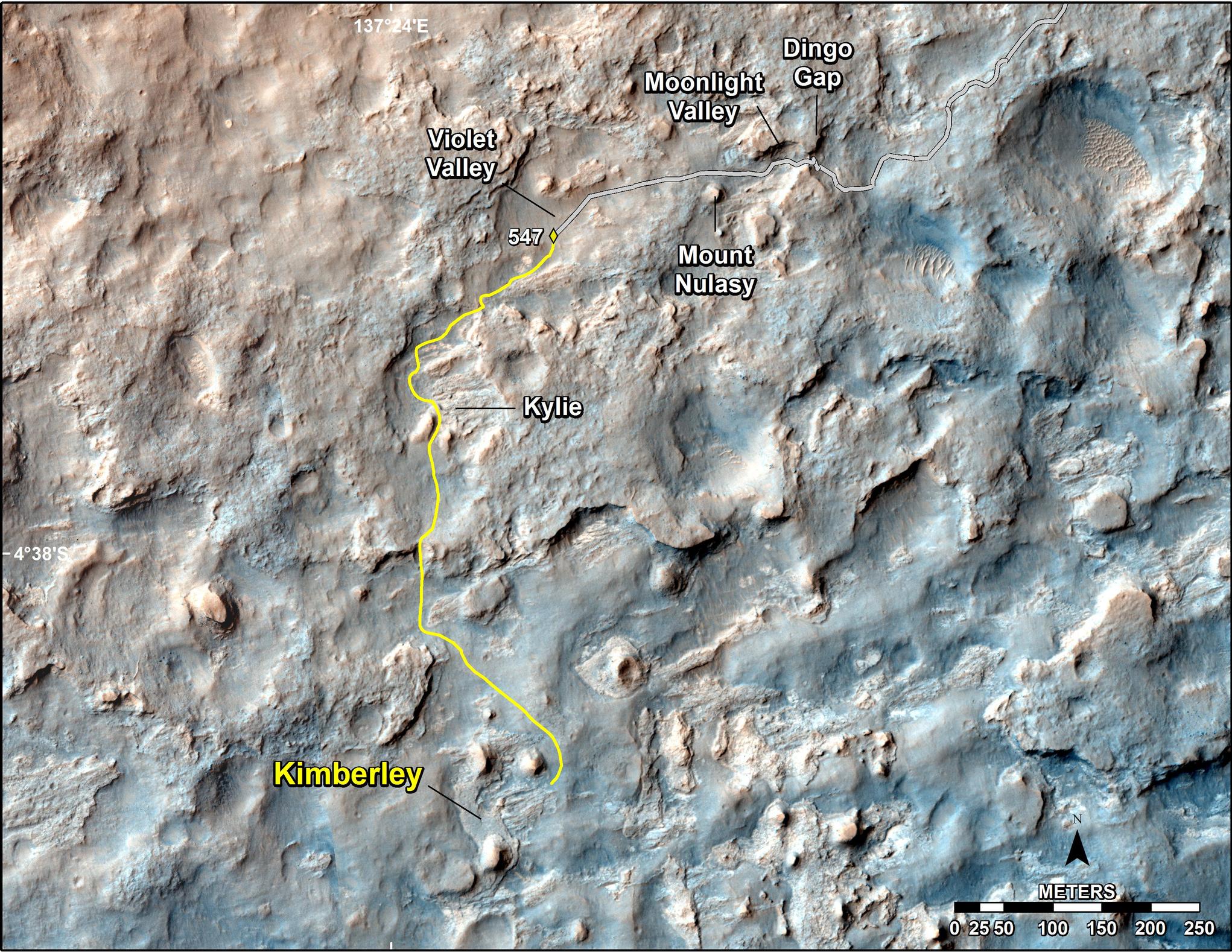 This map shows the route driven and route planned for NASA's Curiosity Mars rover from before reaching
