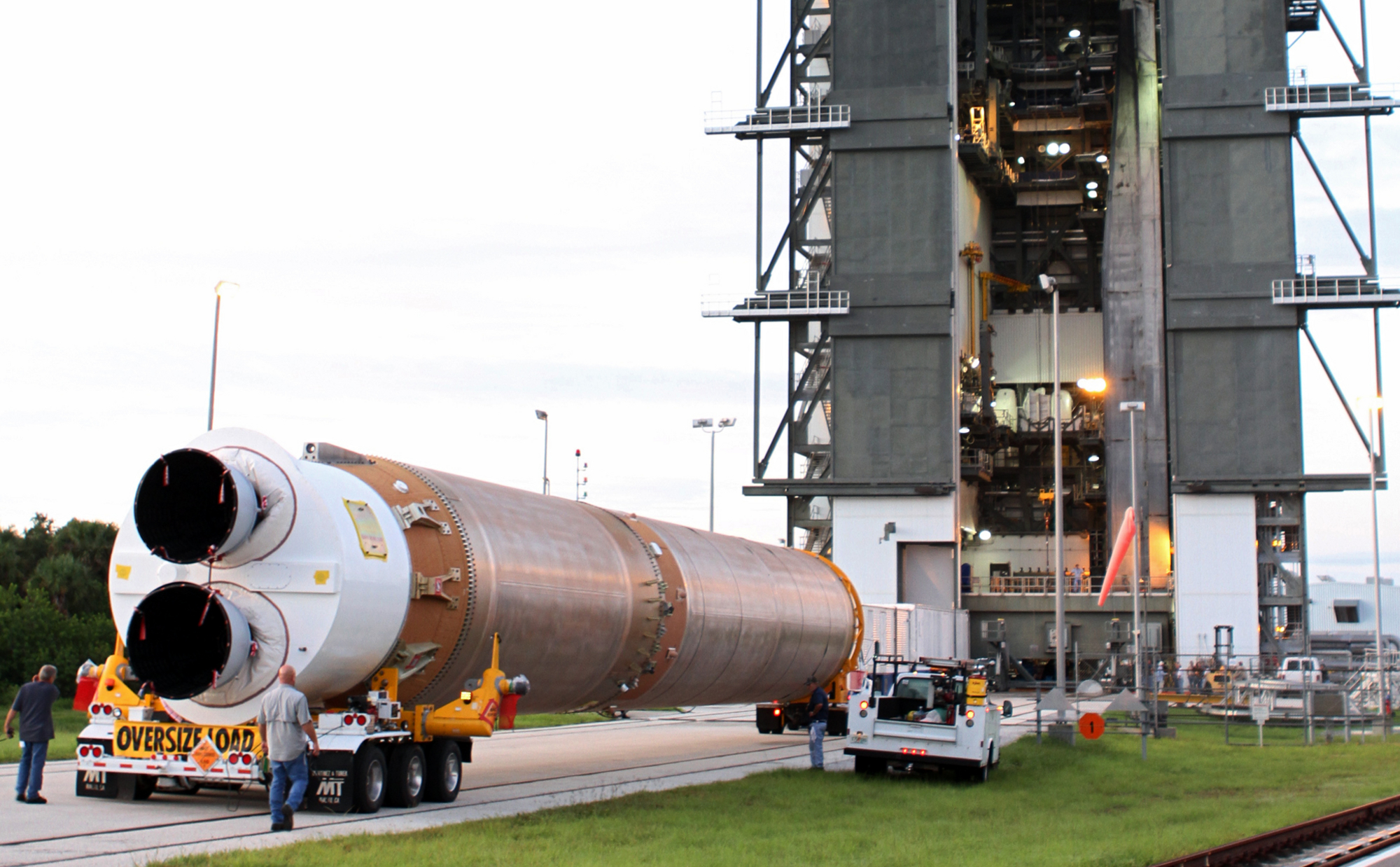 The first stage of the Atlas V rocket for NASA's Mars Science Laboratory (MSL) mission arrives at the Vertical Integration Facility at Space Launch Complex 41 on Cape Canaveral Air Force Station.