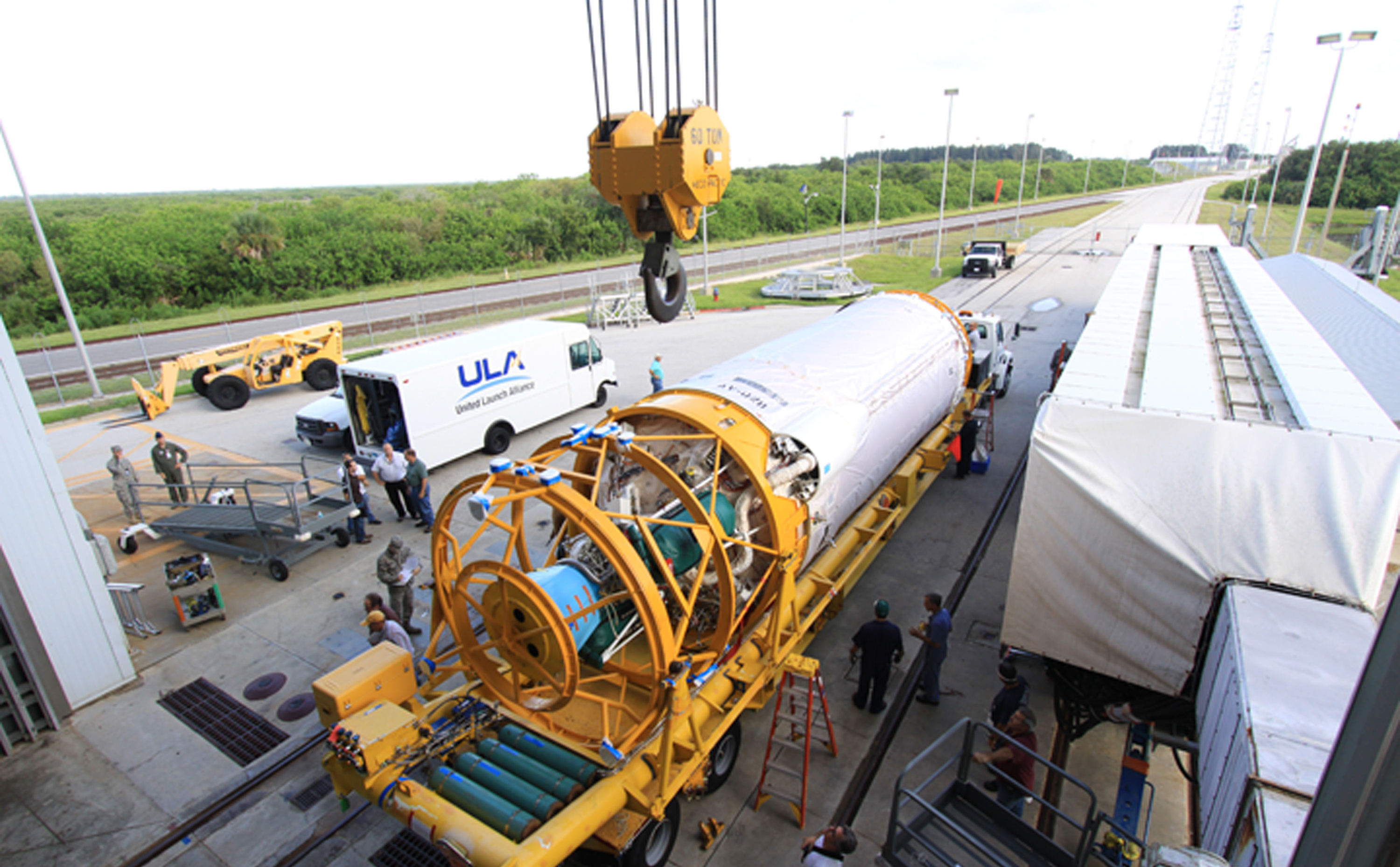 At Launch Complex 41 at Cape Canaveral Air Force Station in Florida, an overhead crane will be used to lift the Centaur upper stage for the United Launch Alliance Atlas V into the Vertical Integration Facility (VIF).