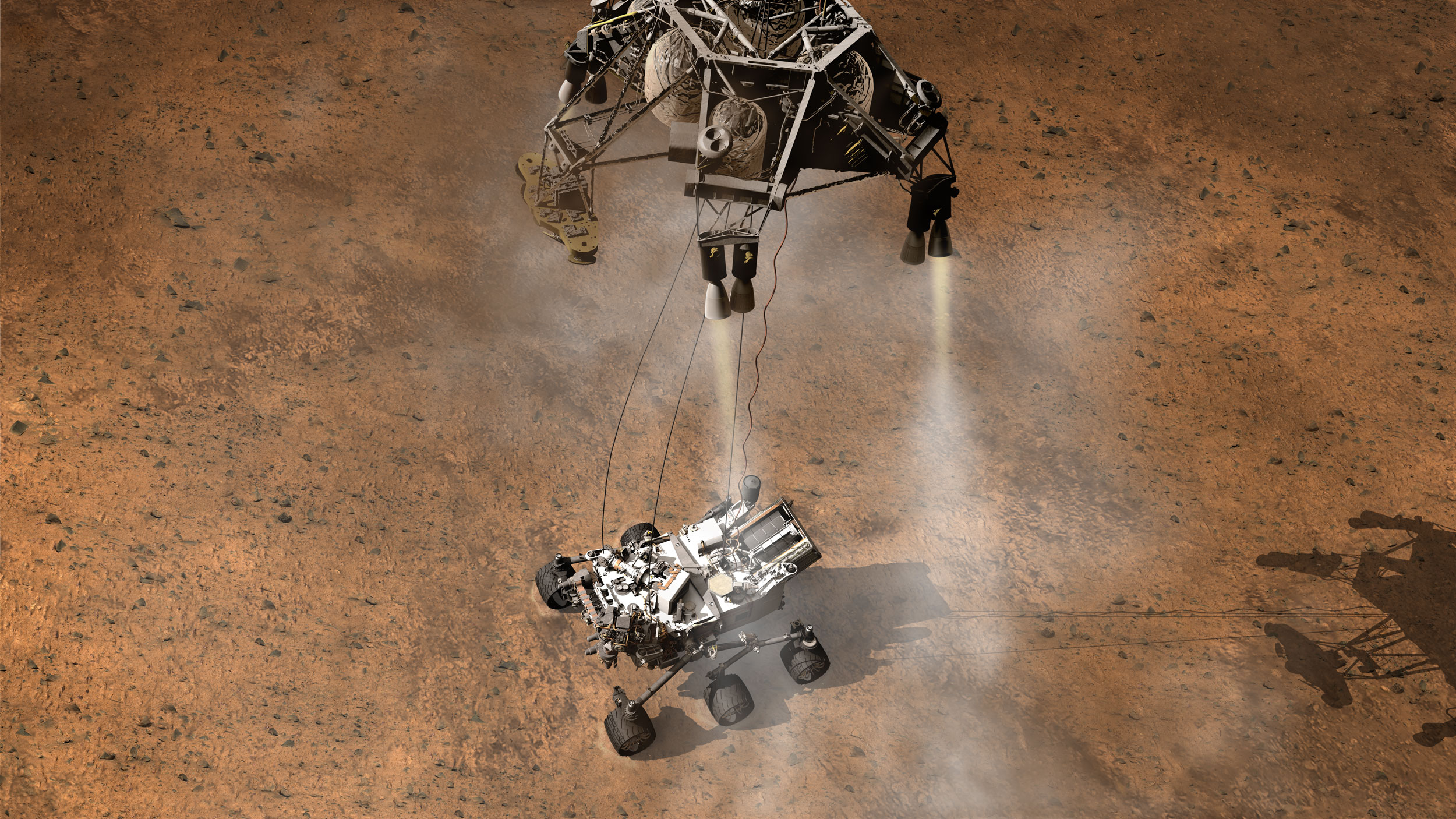 This artist's concept depicts the moment immediately after NASA's Curiosity rover touches down onto the Martian surface.
