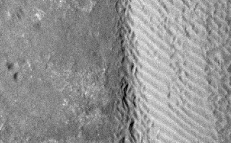 The eastern margin of a rippled dune in Herschel Crater on Mars moved an average distance of three meters (about three yards) between March 3, 2007 and December 1, 2010, as seen by NASA's Mars Reconnaissance Orbiter.