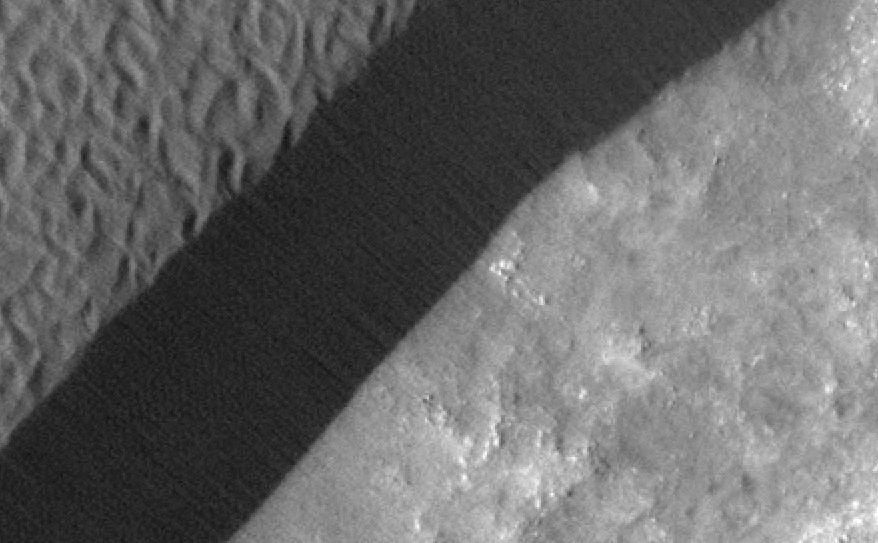 A rippled dune front in Herschel Crater on Mars moved an average of about one meter (about one yard) between March 3, 2007 and December 1, 2010, as seen in these images from NASA's Mars Reconnaissance Orbiter.