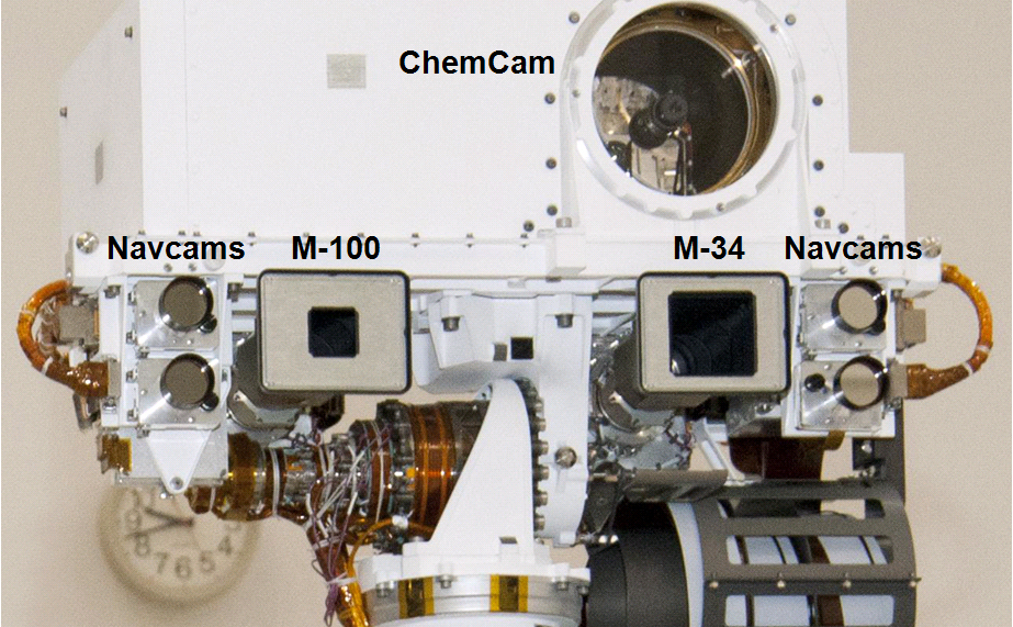 This view of the head of the remote sensing mast on the Mars Science Laboratory mission's rover, Curiosity, shows seven of the 17 cameras on the rover.