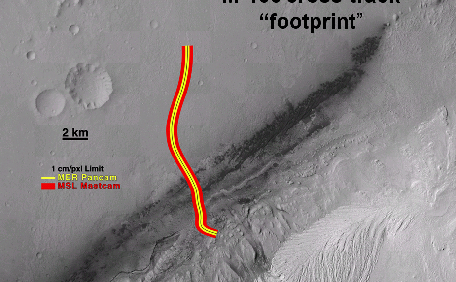 A section of the Mars Science Laboratory's Gale Crater landing site is shown, with a representative path from the landing location toward the layered mound to the south.