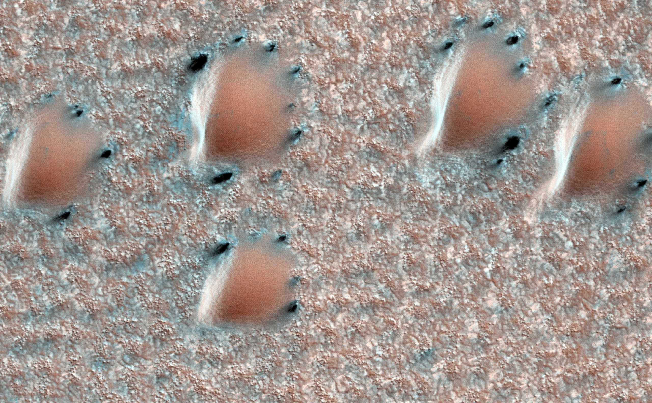 This scene is from early spring in the northern hemisphere of Mars. These dunes are covered with a layer of seasonal carbon dioxide ice (dry ice).