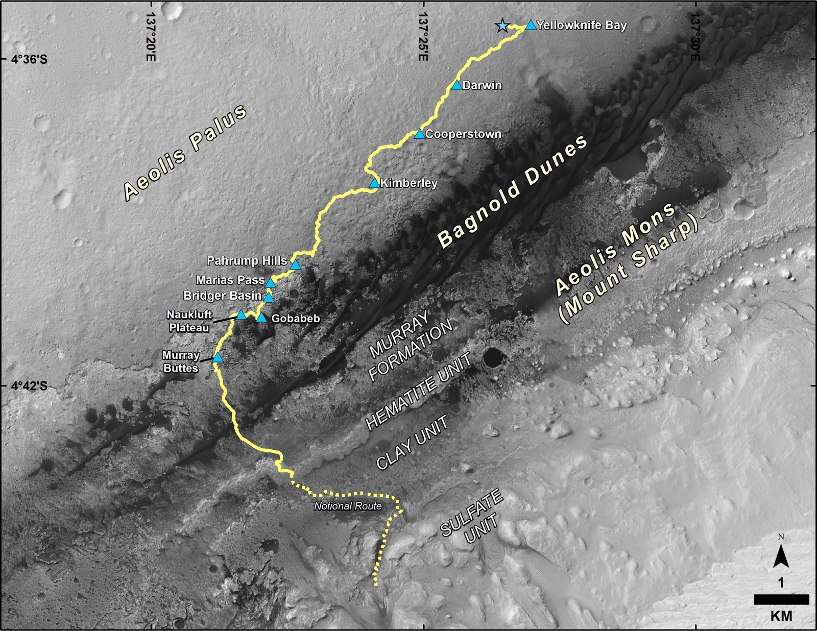 This map shows the route driven by NASA's Curiosity Mars rover from the location where it landed in August 2012 to its location in September 2016 at