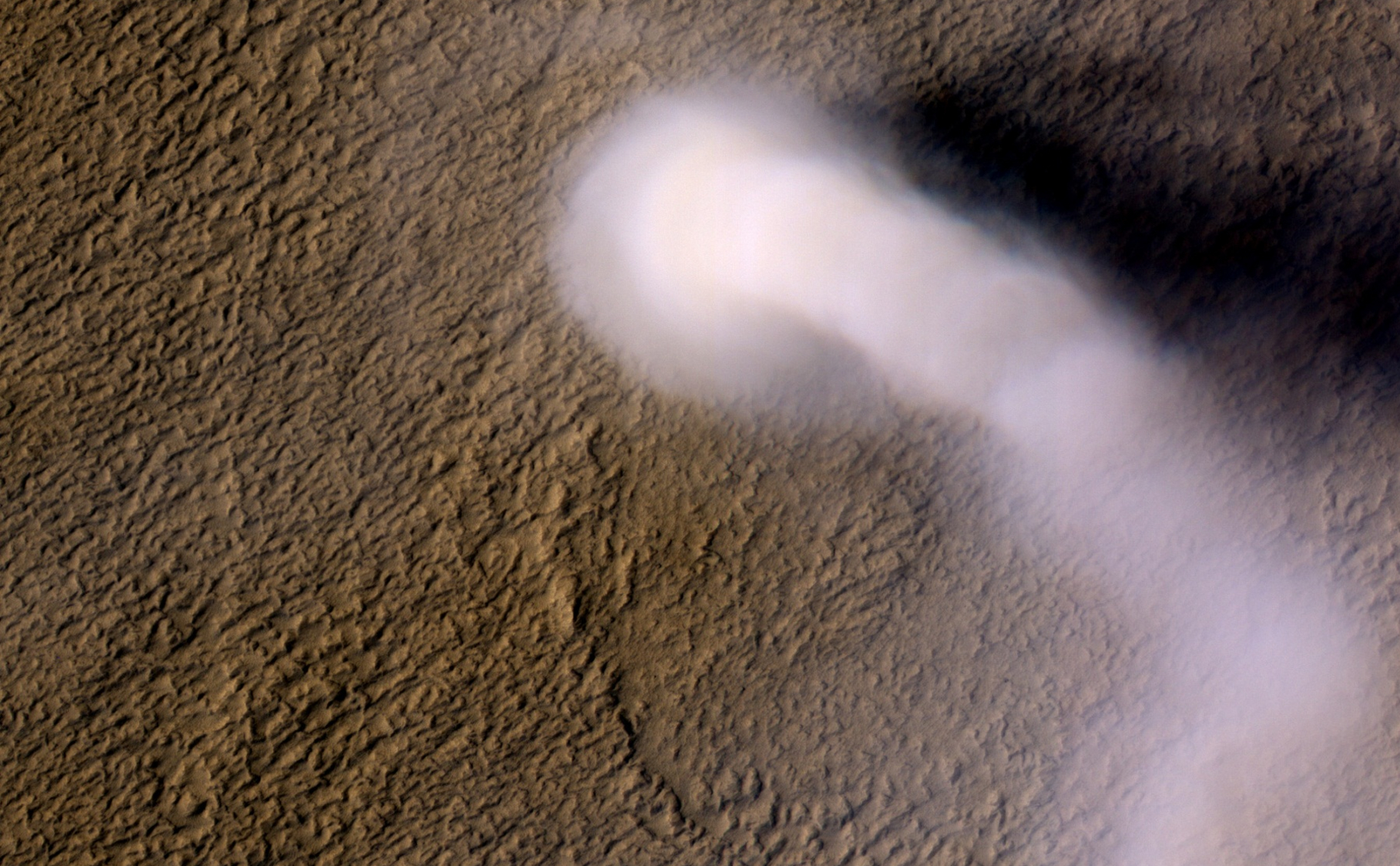 A Martian dust devil roughly 12 miles (20 kilometers) high was captured winding its way along the Amazonis Planitia region of Northern Mars on March 14, 2012 by the High Resolution Imaging Science Experiment (HiRISE) camera on NASA's Mars Reconnaissance Orbiter.