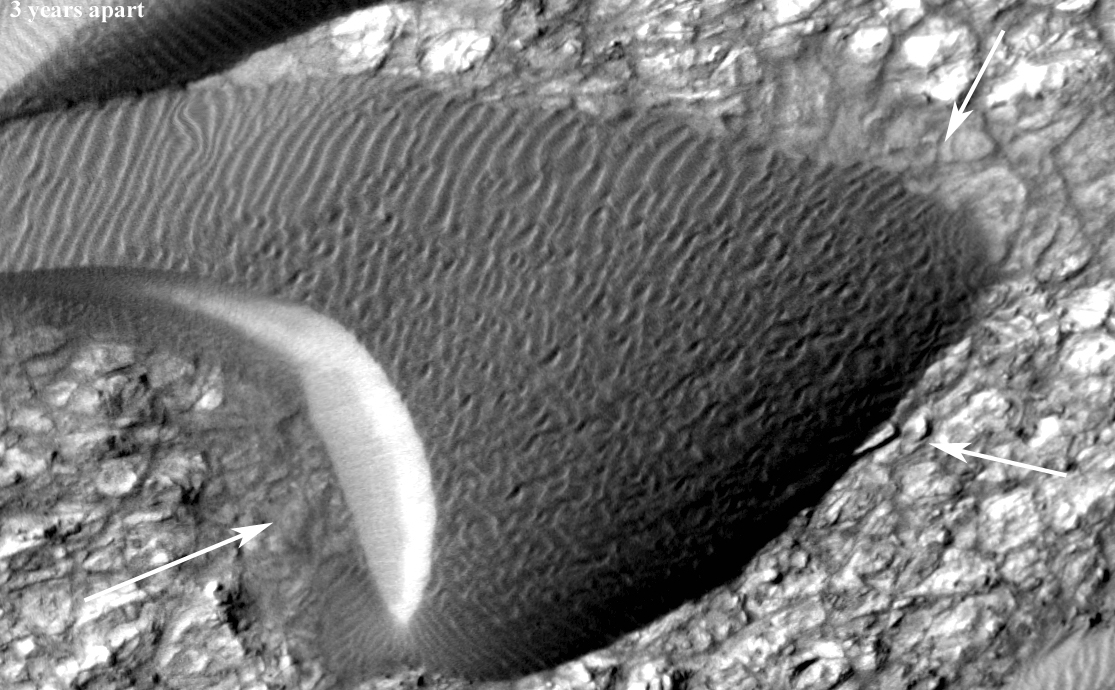 Back-and-forth blinking of this two-image animation shows movement of a sand dune on Mars. The images are part of a study published by Nature on May 9, 2012, reporting movement of Martian sand dunes at about the same flux (volume per time) as movement of dunes in Antarctica on Earth.