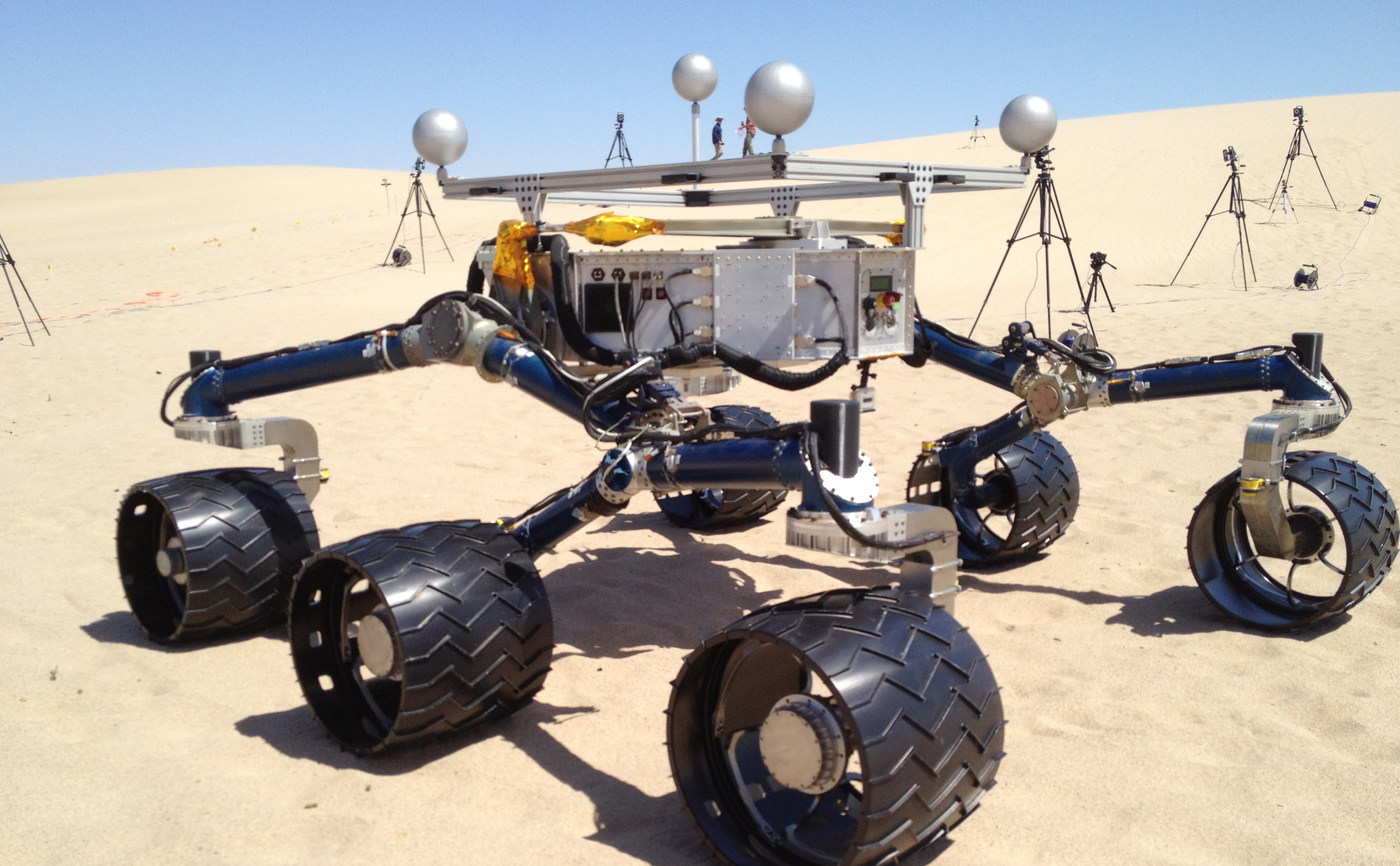 Mars Science Laboratory mission team members ran mobility tests on California sand dunes in early May 2012 in preparation for operating the Curiosity rover, currently en route to Mars, after its landing in Mars' Gale Crater.