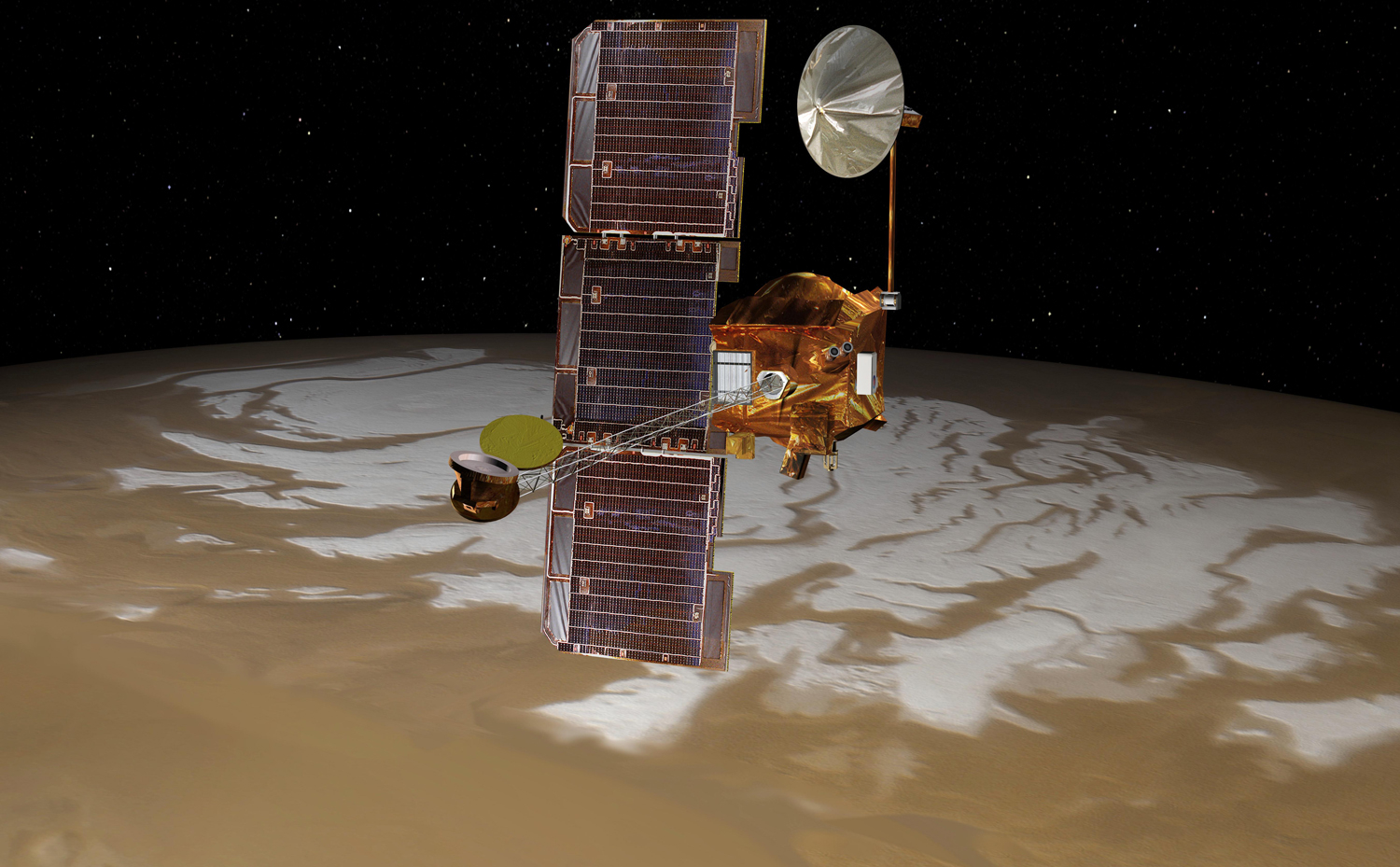 NASA's Mars Odyssey spacecraft passes above Mars' south pole in this artist's concept illustration. The spacecraft has been orbiting Mars since October 24, 2001.